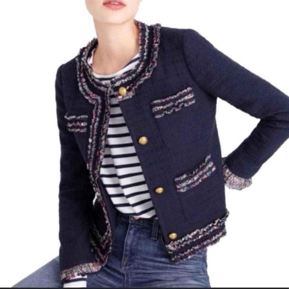J CREW Lady Jacket Tweed Navy Blue Liberty Trim Ruffles Size 2  Floral Trim